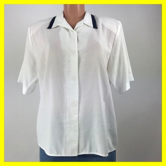 Jo Hardin Women's Top Size 16 White Blue Button Up - Picture 1 of 8